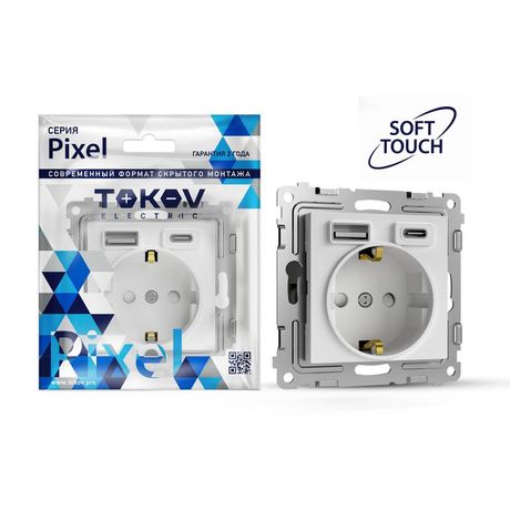 Розетка 1-м СП Pixel IP20 с заземл. 2-мя заряд. устр. USB тип A+C механизм айс TOKOV ELECTRIC TKE-PX-R1U2AC-C34