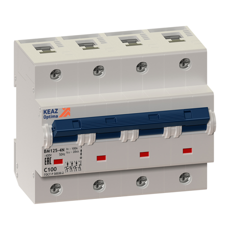 Выключатель автоматический четырехполюсный (3п+N) OptiDin BM125 100А C 20кА (BM125-4NC100-8ln-УХЛ3) | 138593 КЭАЗ