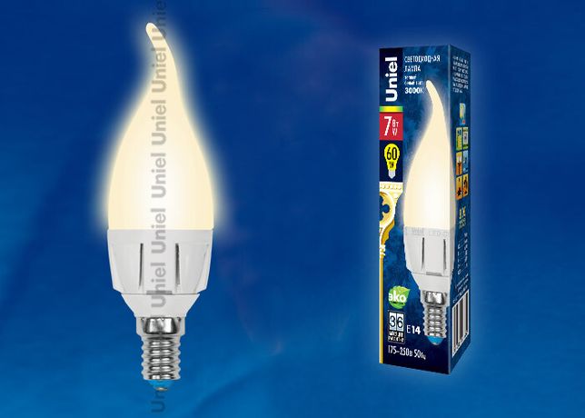 Лампа светодиодная LED-CW37 7W/WW/E14/FR PLP01WH форма "свеча на ветру" мат. серия "ЯРКАЯ" свет теплый бел. 3000К упак. картон Uniel UL-00002416