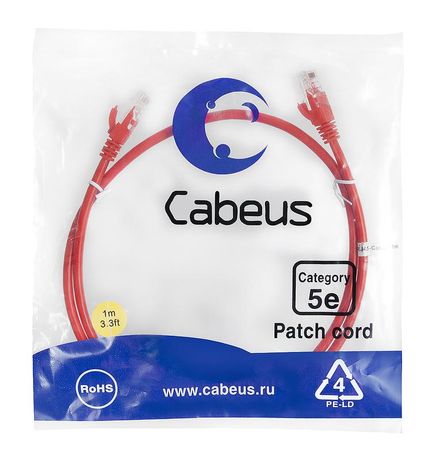 Патч-корд PC-UTP-RJ45-Cat.5e-1m-RD U/UTP, категория 5е, 2xRJ45/8p8c, неэкранированный, красный, PVC, 1м - 7674c Cabeus