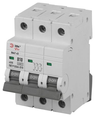 Автоматический выключатель PRO VA63-3P10B4.5 ВА47-63 3P 10А кривая B 4,5кА | Б0059390 ЭРА