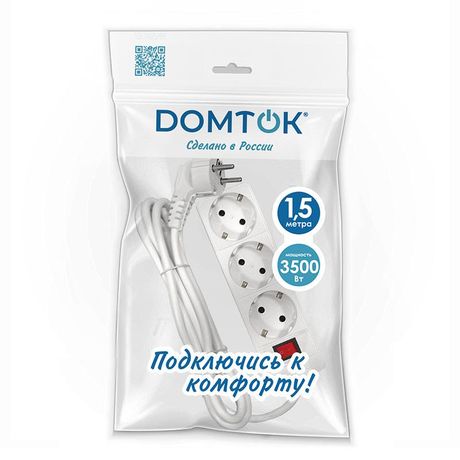 Удлинитель 3х1.5м с заземл. 16А IP20 3.5кВт ПВС 3х1 выкл. бел. DOMTOK 2379