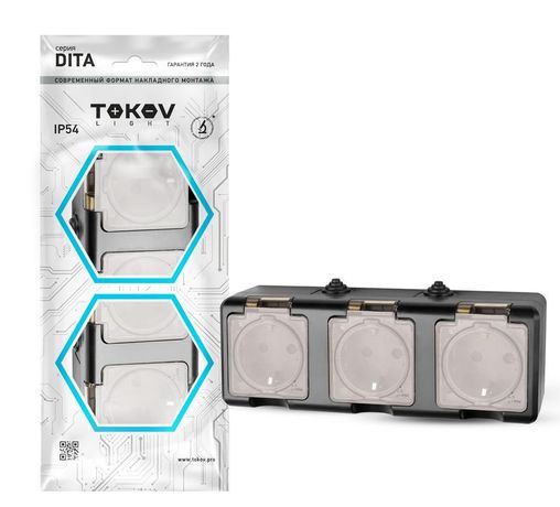 Розетка 3-м ОП Dita 16А IP54 250В с заземл. прозр. крышкой карбонTOKOV ELECTRIC TKL-DT-R3Z-C14T-IP54