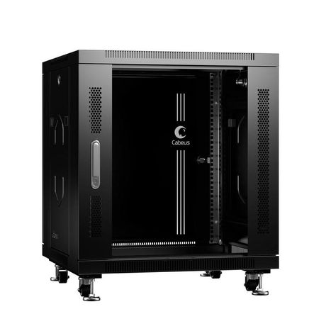 Шкаф монтажный телекоммуникационный напольный SH-05C-12U60/60-BK 19дюйм для распред. и серверн. оборудования 12U 600х600х730мм передн. стеклян. задн. сплошн. метал. двери ручка с замком черн. (RAL 9004) Cabeus 8554c