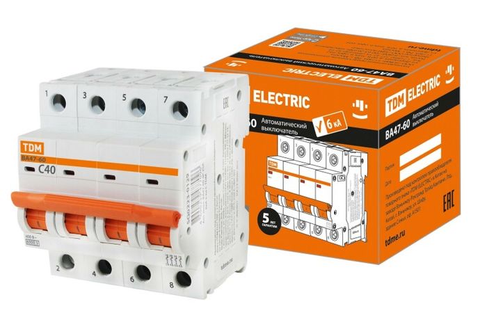 Выключатель автоматический четырехполюсный ВА47-60 4Р 40А 6кА х-ка С | SQ0223-0129 TDM