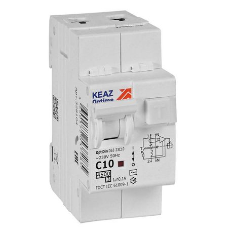 Выключатель автоматический дифференциального тока АВДТ с защитой от сверхтоков 2П 10А 100мА AC 4,5кА OptiDin D63-23C10-AC-У3 - 328104 КЭАЗ