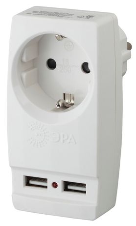 Адаптер SP-1e-USB-W "Polynom" 1гн 220V + 2xUSB 2100mA, c заземл, (белый) (10/60/1440) | Б0026332 ЭРА