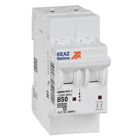 Выключатель автоматический двухполюсный 50А B 4,5кА AC OptiDin BM63-2B50-4,5-УХЛ3 - 329515 КЭАЗ