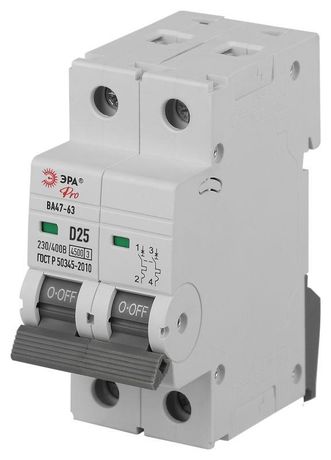Автоматический выключатель PRO VA63-2P25D4.5 ВА47-63 2P 25А кривая D 4,5кА | Б0059464 ЭРА