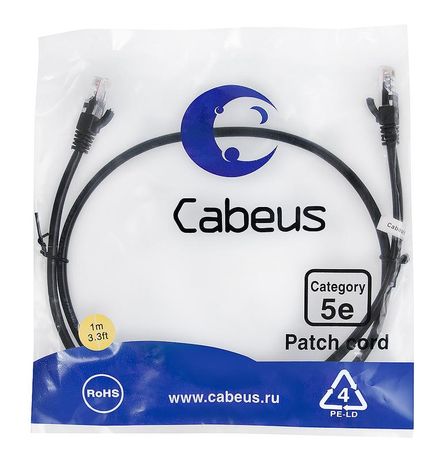 Патч-корд PC-UTP-RJ45-Cat.5e-1m-BK-LSZH U/UTP, категория 5е, 2xRJ45/8p8c, неэкранированный, черный, LSZH, 1м - 9537c Cabeus