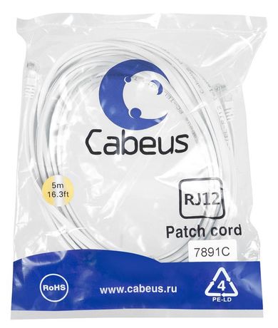 Патч-корд PC-TEL-RJ12-5m телефонный 2х6р4с, белый, PVC, 5 м - 7891c Cabeus