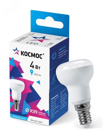 Светодиодная лампа LED 4Вт R39 220В Е14 4500К белый 300 лм, КОСМОС - Lksm_LED4wR39E1445