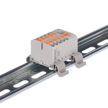 Блок распределительный с гориз. адаптером на рейку шириной 35мм, зажим push-in, 1 ввод 6 кв.мм, 10 точек подключения 2,5 серый - DTP1-110-104SPUG-H ДКС