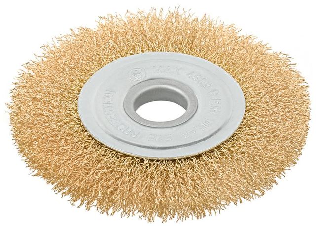 Корщетка-колесо d посадочный 22.2мм стальная латунированная волнистая проволока 125мм блистер КУРС 39076