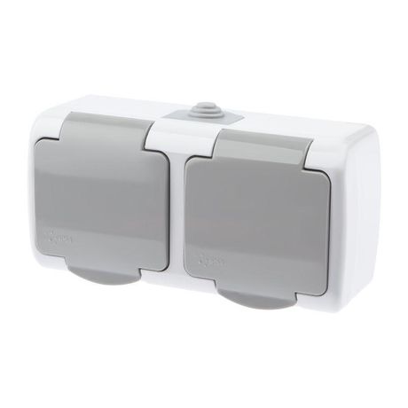 Розетка Intro Atlantic 5-204-03 двойная с заземлением 2х2P+E Schuko шторки, 16А-250В, IP54, открытой установки, серый ЭРА - Б0051061