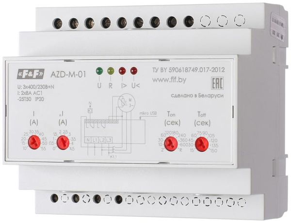 Реле защиты двигателя многофункциональное AZD-M-02 (защита 3-х фазных двигателей мощностью до 2.2кВт; и для работы с внешними ТТ; USB порт; 6 модулей; монтаж на DIN-рейке) F&F EA05.004.004 Евроавтоматика