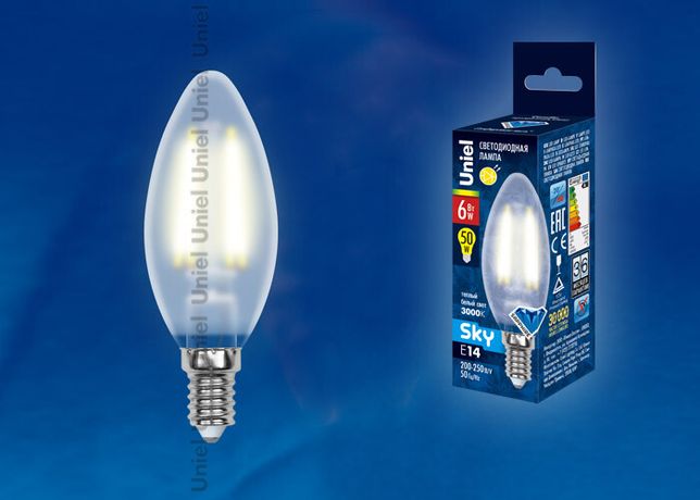 Лампа светодиодная LED-C35-6W/WW/E14/FR PLS02WH LED. "свеча", мат.. Серия Sky. 3000К . | UL-00000305 Uniel