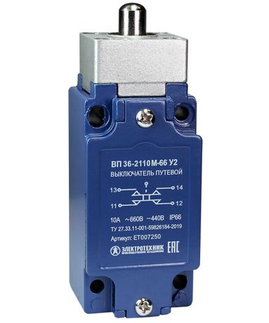 Выключатель путевой ВП 36-2110М-66 У2 1НО+1НЗ 3А IP66 толкатель безинерционный 30х60мм без сальника Электротехник ET007250