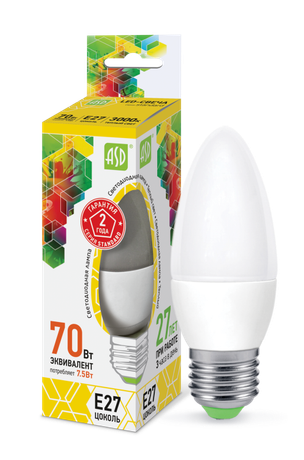 Лампа светодиодная LED-свеча-standard 7.5Вт свеча 3000К тепл. бел. E27 675лм 160-260В ASD 4690612003948