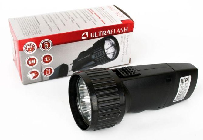 Фонарь аккумуляторный LED3859 5 LED 220В аккум. SLA пластик. черн. (кор.) Ultraflash 14020