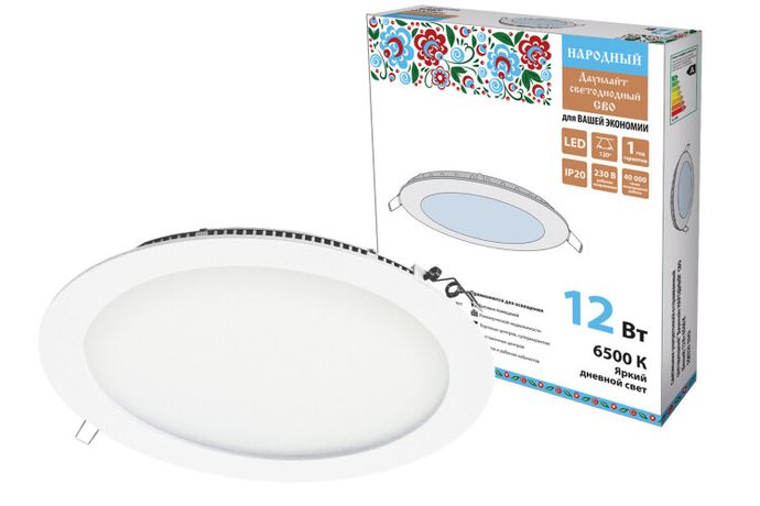 Светильник светодиодный встраиваемый Downlight ДВО Народный СВО (белый) 12Вт 6500К IP20 опал | SQ0329-0242 TDM ELECTRIC