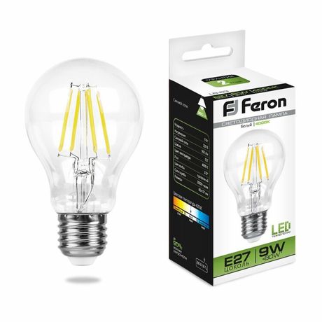 Лампа светодиодная LB-63 (9W) 230V E27 4000K филамент A60 прозрачная | 25632 FERON