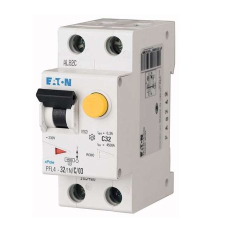 Дифференциальный автоматический выключатель 40/0,03А, кривая отключения В, 1+N полюсов, отключающая способность 4,5 кА PFL4-40/1N/B/003 - 293295 EATON
