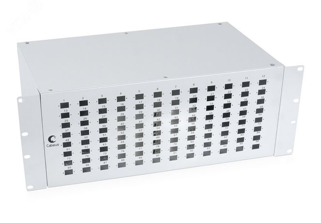 Кросс бокс оптический 19' на 96 SC (LC duplex) со сплайс-кассетой и КДЗС (без пигтейлов проходных адаптеров) - FO-19-96SC Cabeus 7939c