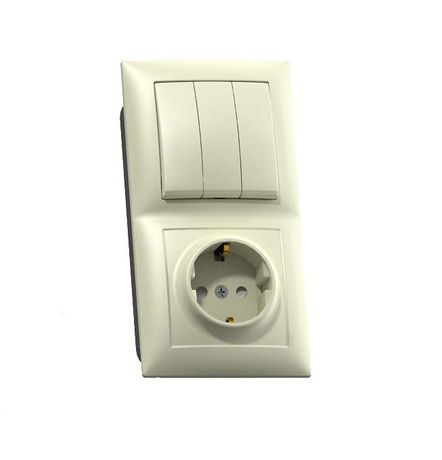 СЕЛЕНА Блок Выключатель 3 клавишный 10А/ розетка с заземлением со шторками 16А БКВР-416 скрытый слоновая кость - 8175 Кунцево