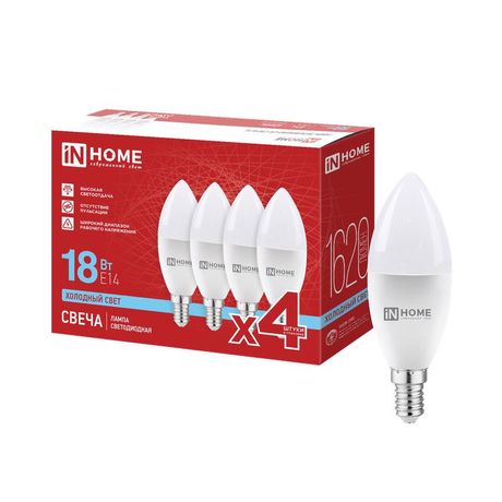 Лампа светодиодная LED-СВЕЧА-VC 4PACK 18Вт свеча 6500К E14 1620лм 230В (уп.4шт) IN HOME 4690612066714 IN HOME арт. 4690612066714