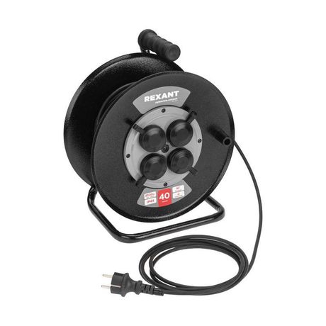 Удлинитель силовой КГ на катушке 4 гнезда, с/з, 40м, 3х1,5мм², IP44 c защитными крышками, металлическая катушка | 13-5012 REXANT MEET