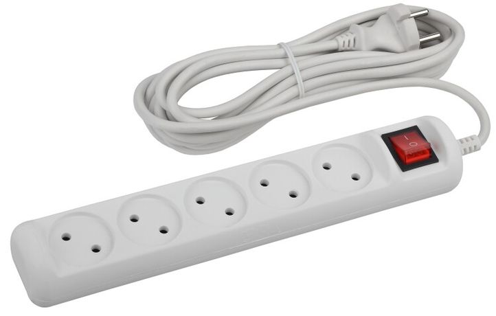 Удлинитель электрический U-5s-3m-2x1 без заземления c выключателем 5 розеток 3м ПВС 2x1мм2 10А - Б0044056 ЭРА