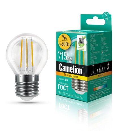 Лампа светодиодная филаментная LED7-G45-FL/830/E27 7Вт 220В Camelion 13457
