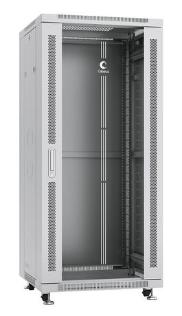 Шкаф монтажный телекоммуникационный напольный SH-05C-27U60/80 19дюйм для распред. и серверн. оборудования 18U 600х600х988мм передн. стеклян. задн. сплошн. метал. двери 27U 600х800х1388мм ручка с замком сер. (RAL 7035) Cabeus 7050c