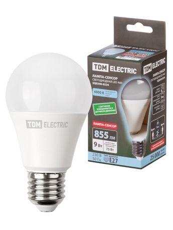 Лампа светодиодная А60-9 Вт-230 В-4000 К-E27 "СЕНСОР" | SQ0340-0234 TDM