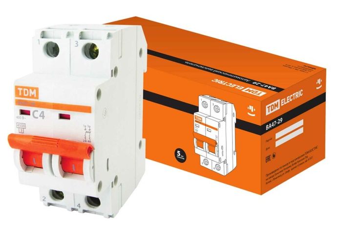 Выключатель автоматический ВА47-29 двухполюсной 4А 4,5кА характеристика С - SQ0206-0087 TDM