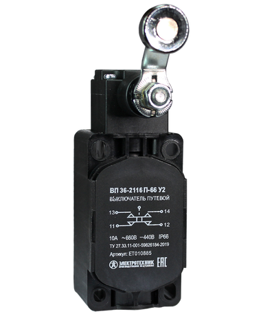 Выключатель путевой ВП 36-2116П-66 У2 1НО+1НЗ 3А IP66 рычаг со стальным роликом безинерционный 30х60мм без сальника Электротехник ET010885