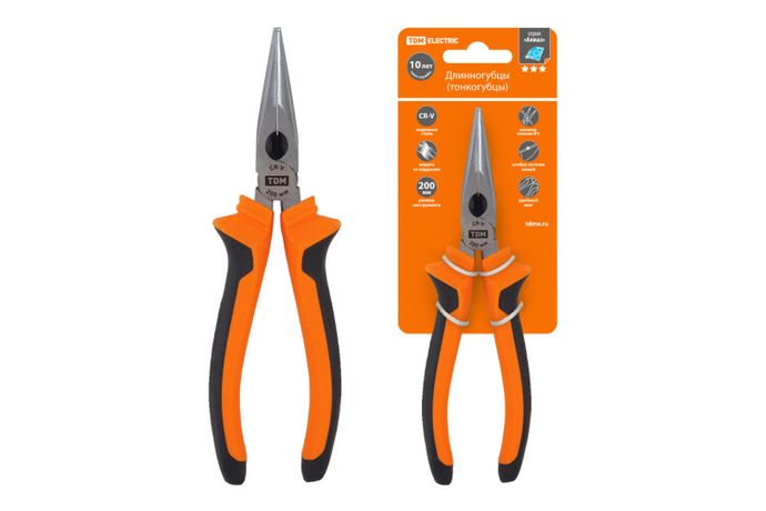 Длинногубцы (тонкогубцы), с двухкомпонентными рукоятками, CR-V сталь, 200 мм, серия "Алмаз" | SQ1011-0204 TDM
