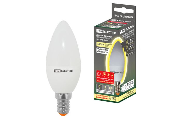 Лампа светодиодная С37-6 Вт-230 В-3000 К–E14 "-ДИММЕР" | SQ0340-0199 TDM