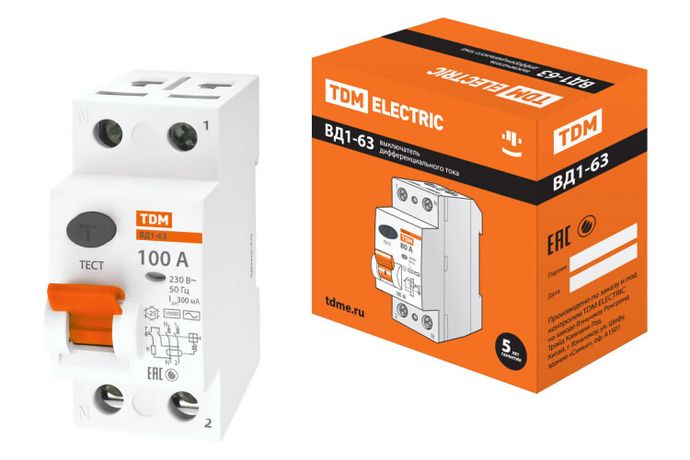 Выключатель дифференциальный (УЗО) ВД1-63 2п 100А 300мА тип AC | SQ0203-0024 TDM