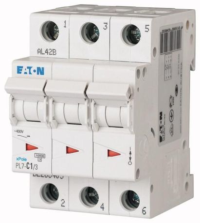 Автоматический выключатель 1А, кривая отключения D, 3 полюс, отключающая способность 10 кА PL7-D1/3 - 165136 EATON