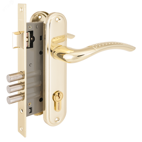 Замок врезной цилиндровый с ручками для деревянных дверей АЛЛЮР 132/3 GP латунь - 5962 ПТК