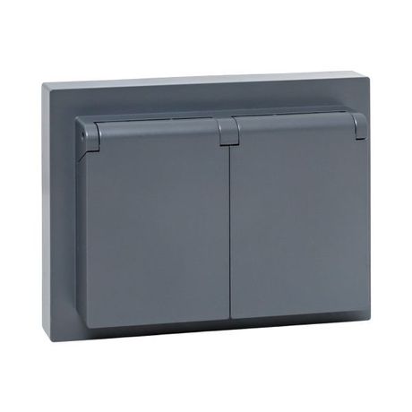 Механизм розетки двойной, 16А, IP44, с заземлением, со шторками, рамкой, крышками, графит Эпика |UP1-SOG-211-44| EKF EKF арт. UP1-SOG-211-44