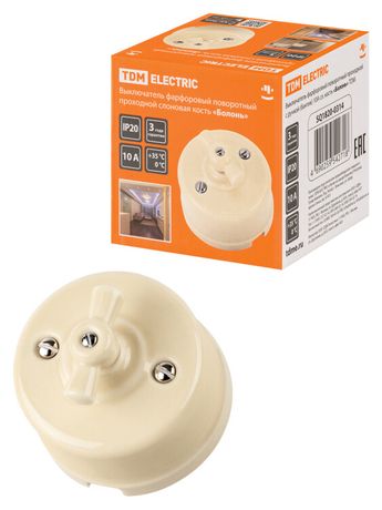 Выключатель фарфоровый поворотный проходной с ручкой (бантик) 10А сл. кость «Болонь» | SQ1820-0314 TDM