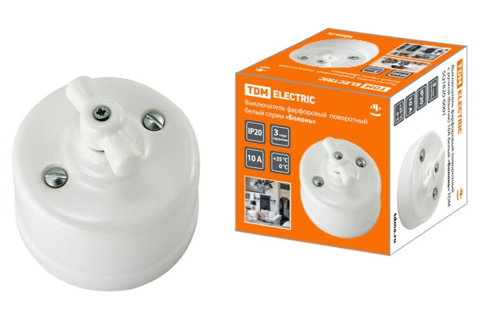Выключатель фарфоровый поворотный с ручкой (бантик) 10А белый «Болонь» | SQ1820-0001 TDM