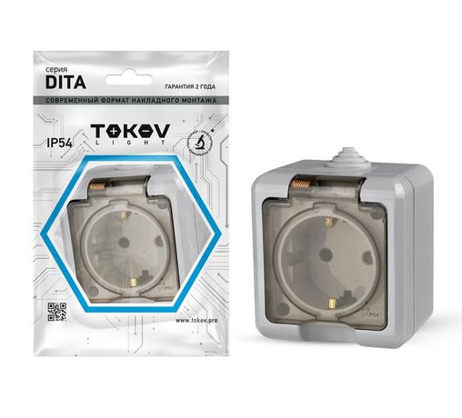 Розетка 1-м ОП Dita 16А IP54 250В с заземл. прозр. крышкой сер. TOKOV ELECTRIC TKL-DT-R1Z-C06T-IP54