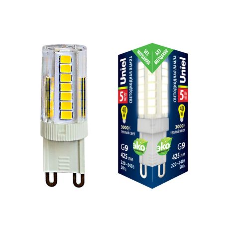 Лампа светодиодная LED-JCD-5W/3000K/G9/CL GLZ09TR 3000К упак. картон прозр. Uniel UL-00006748