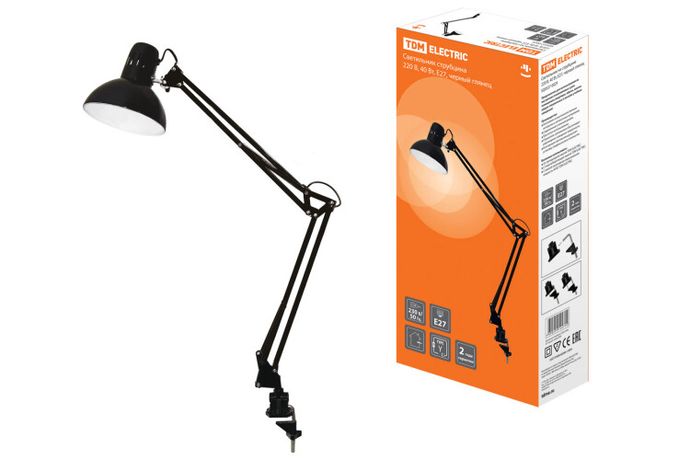Светильник настольный струбцина 40Вт КЛЛ Е27 черный глянец | SQ0337-0029 TDM