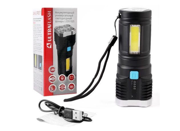 Фонарь аккумуляторный LED51525 4В 4LED+COB 3Вт 4 реж. Micro USB черн. (бокс) Ultraflash 15195