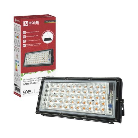 Прожектор светодиодный ФДО STD-ФИТО 50Вт IP65 красн./син. спектр черн. IN HOME 4690612065045